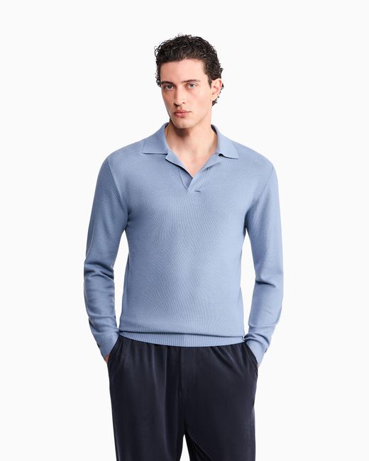 Giorgio Armani Blue Knit Polo Regular Fit Honeycomb Stitch Virgin Wool for men