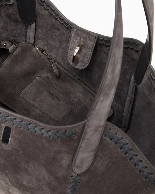 Giorgio Armani Gray Medium Suede Handbag With Threading