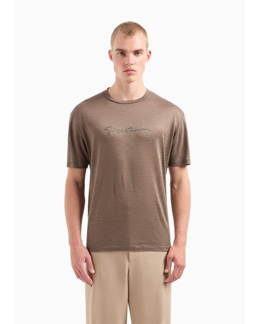 Giorgio Armani Brown Linen Jersey Crew-neck T-shirt With Signature Logo for men