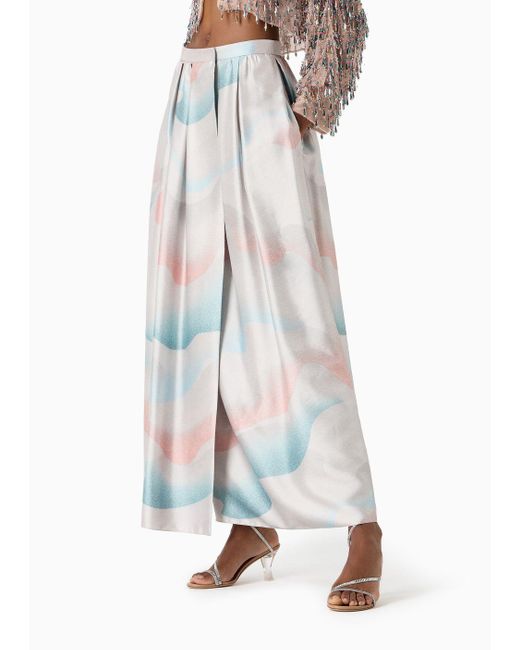 Giorgio Armani White Printed Silk Shantung Long Skirt