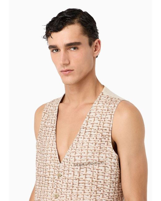 Giorgio Armani Natural Single-breasted Waistcoat In A Woven Print Linen for men
