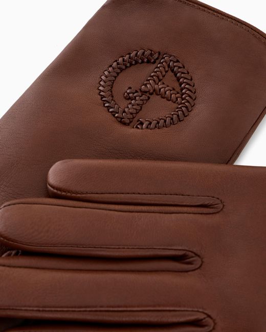 Giorgio Armani Brown Nappa Leather Gloves With Embroidered Logo for men