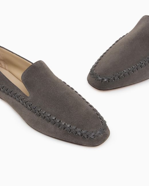 Giorgio Armani White Suede Slip-Ons With Interweaving
