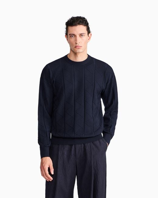 Giorgio Armani Blue Sweater Regular Fit Chevron Virgin Wool for men