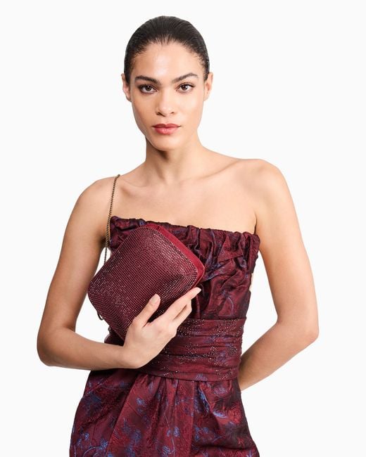 Giorgio Armani Purple Satin And Silk Clutch With Rhinestones And Chain Shoulder Strap