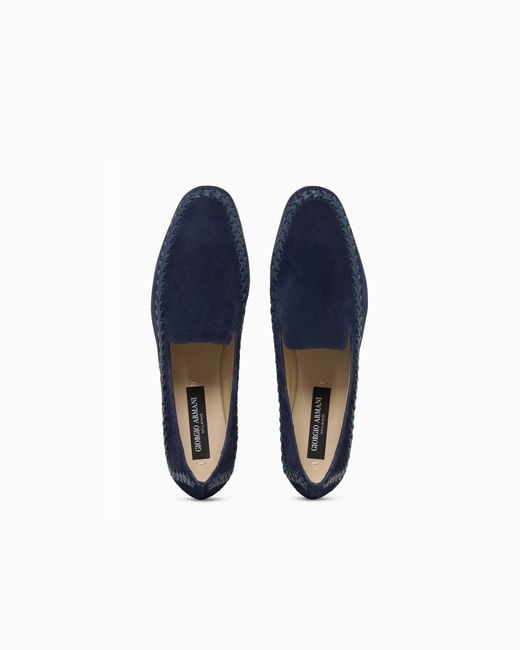 Giorgio Armani Blue Suede Slip-Ons With Interweaving