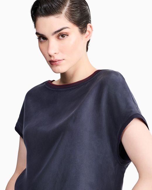Giorgio Armani Blue Blouse Regular Fit Heavy Washed Silk Ribbed Crew Neck