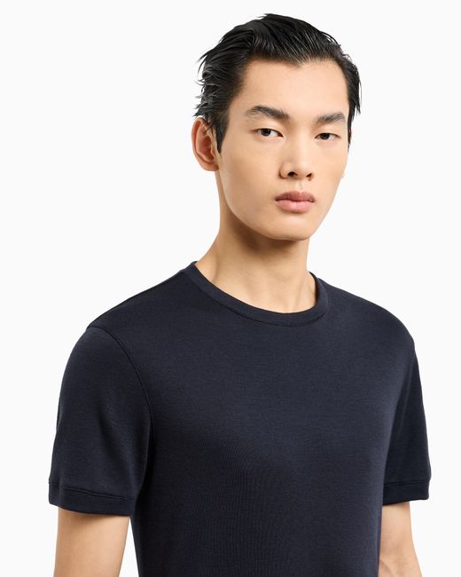 Giorgio Armani Blue Short Cashmere Jumper With Topstitched Crew Neck Icon for men