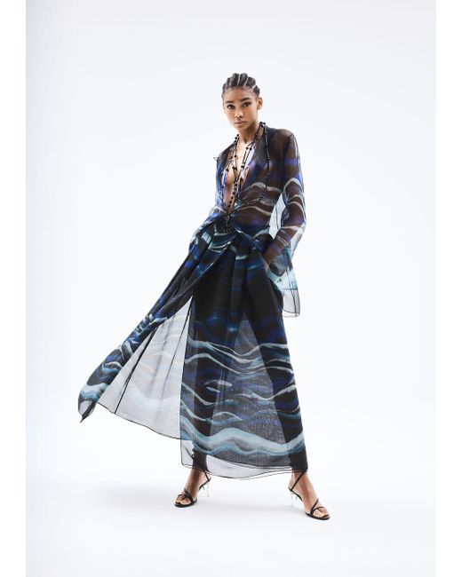Giorgio Armani Blue Printed Silk-organza, Long Skirt