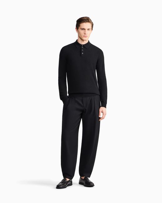 Giorgio Armani Black Long-Sleeved Cashmere Polo Shirt for men