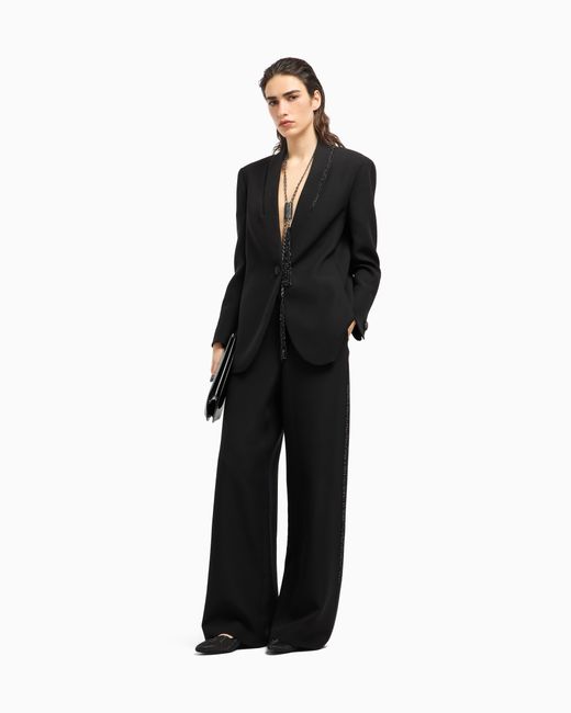 Giorgio Armani Black Wide-Leg Silk Trousers With Rhinestone Details