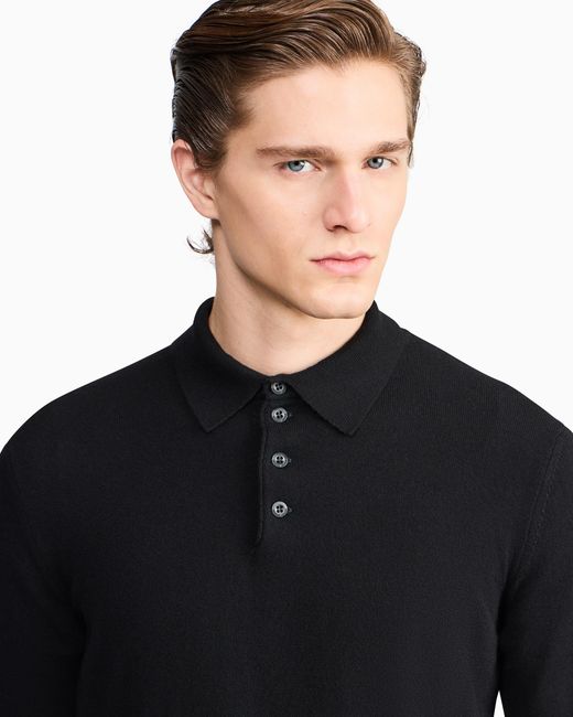 Giorgio Armani Black Long-Sleeved Cashmere Polo Shirt for men