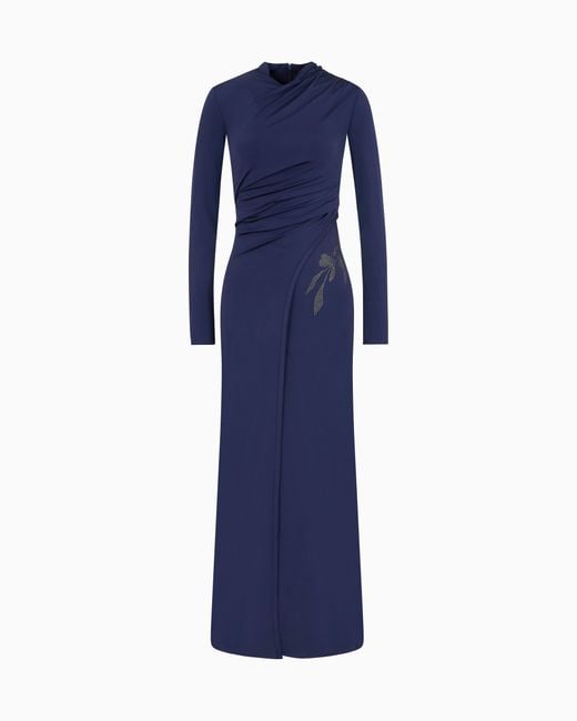 Vestido Largo De Punto Elástico De Viscosa Con Strass Giorgio Armani de color Blue