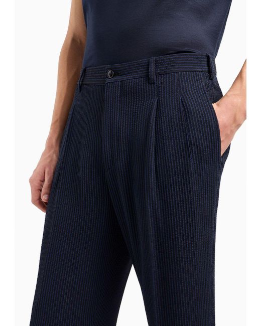 Pantaloni A Due Pinces In Seersucker Di Misto Viscosa di Giorgio Armani in Blue da Uomo
