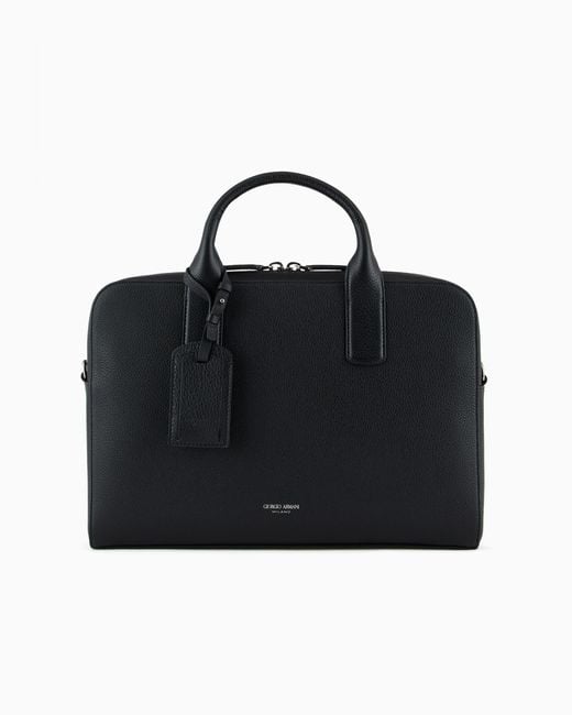 Giorgio Armani Black Pebbled Leather Briefcase for men