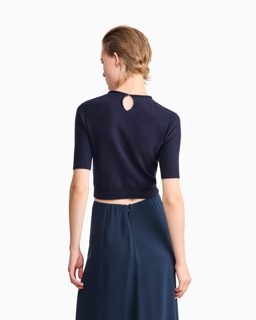 Giorgio Armani Blue Sweater Cashmere Microcrystals Trim Short-Sleeve