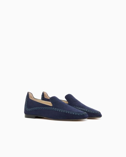 Giorgio Armani Blue Suede Slip-Ons With Interweaving