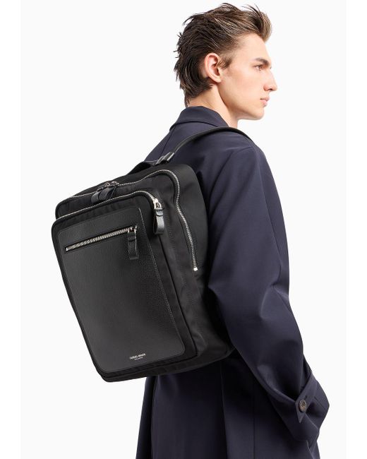 Giorgio Armani Black Asv Nylon And Pebbled Leather Backpack for men