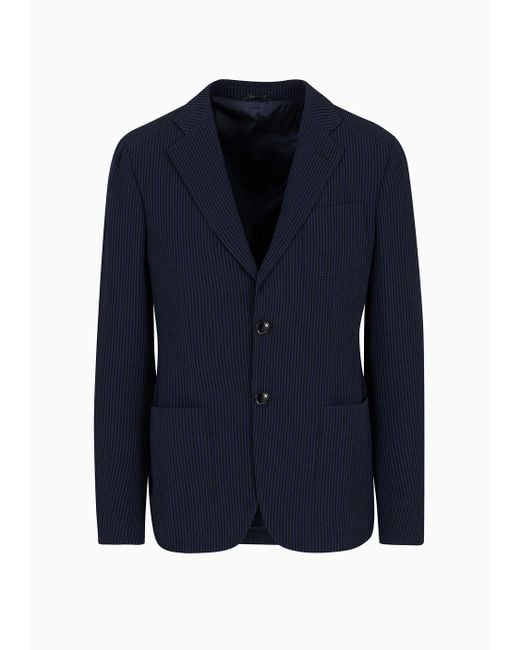 Giorgio Armani Blue Upton Line Single-breasted Jacket In A Viscose-blend Seersucker for men