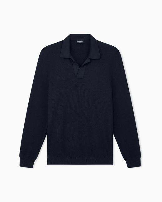 Giorgio Armani Blue Knit Polo Regular Fit Honeycomb Stitch Virgin Wool for men