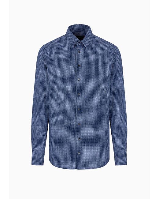 Giorgio Armani Blue Regular-fit Cotton-seersucker Shirt With A Geometric Motif for men