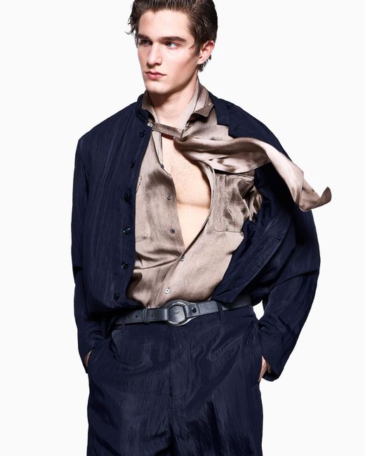 Giorgio Armani Blue Viscose Technical Twill Flat-Front Trousers for men