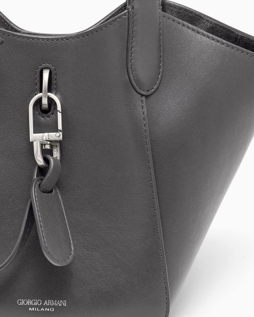 Giorgio Armani Gray Leather Handbag With A Geometric Base And A Snap-Hook Clasp