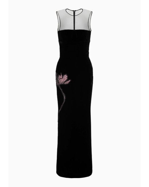 Giorgio Armani Black Long Velvet Dress With Floral Embroidery
