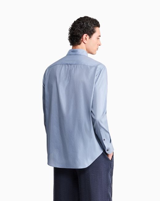 Giorgio Armani Blue Striped Cotton And Silk Shirt With Chest Pocket for men