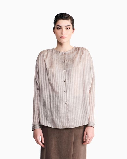 Giorgio Armani Pink Blouse Collarless Printed Silk Shoulder Pleats Wide Stripes