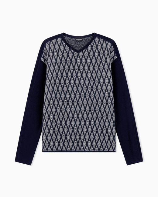 Giorgio Armani Blue Virgin Wool And Cashmere Jacquard Sweater for men