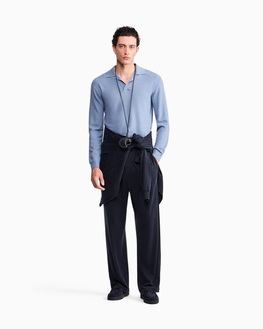 Giorgio Armani Blue Knit Polo Regular Fit Honeycomb Stitch Virgin Wool for men