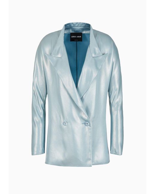 Giorgio Armani Blue Double-breasted Jacket In Laminated Viscose Satin