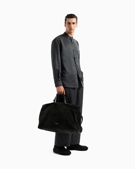 Giorgio Armani Black Suede Travel Duffel Bag With Leather Handles And Zipper for men