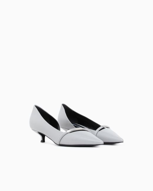 Giorgio Armani White Pointed Toe Leather Pumps With Strap And Low Heel