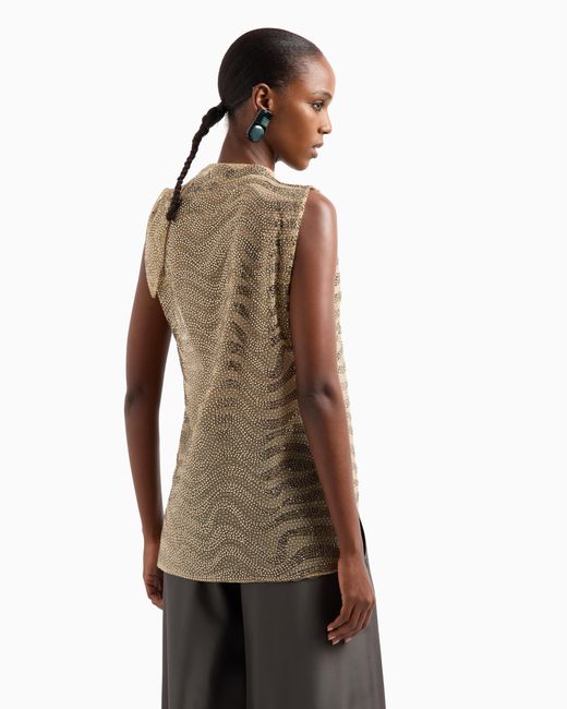 Giorgio Armani Natural Mesh And Lurex Top With Rhinestone Embroidery