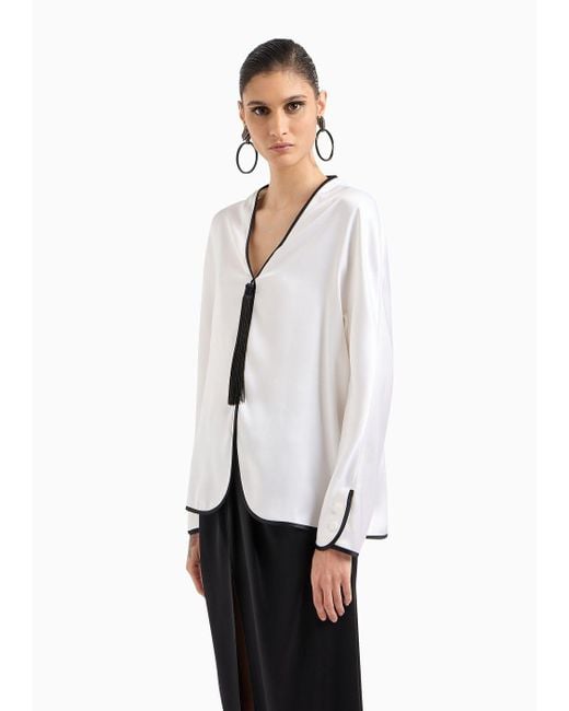 Giorgio Armani White Draped Shirt With Zip In Double-sided Silk Satin