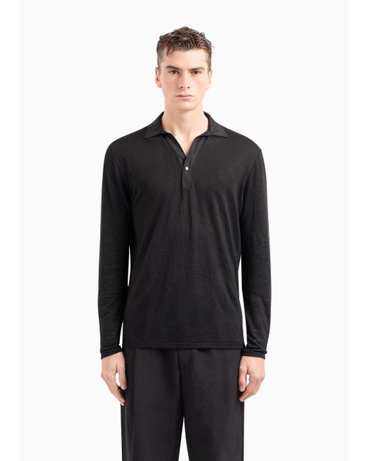 Giorgio Armani Black Long-sleeved Polo Shirt In Pure Linen Jersey for men