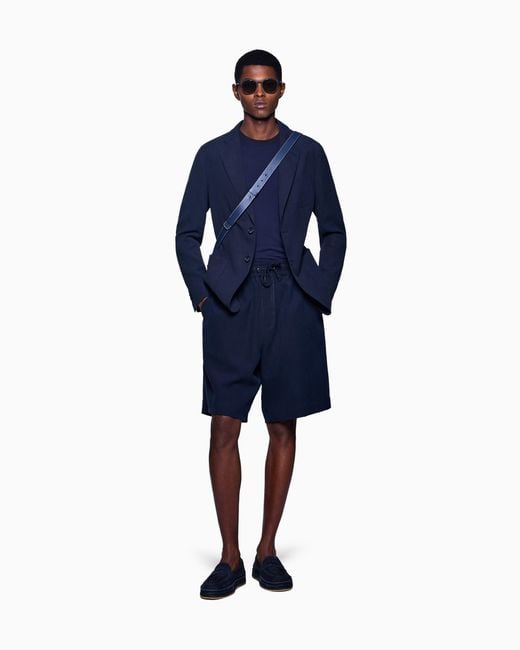 Giorgio Armani Blue Linen Canvas Flat-Front Bermuda Shorts for men