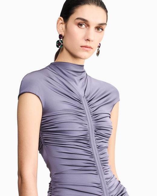 Giorgio Armani Purple Shiny Viscose Jersey Long Dress With Gathered Detail