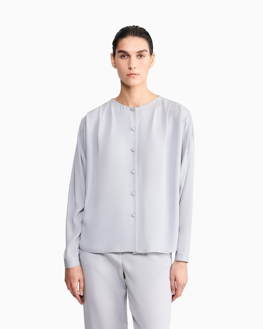 Giorgio Armani Blue Blouse Triple Silk Georgette Collarless With Pleats