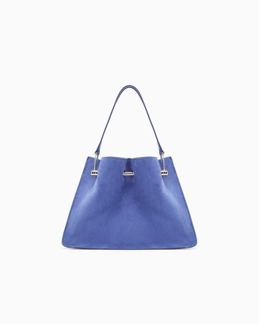Giorgio Armani Blue Suede Bag With A Metal Bar And Leather Handles