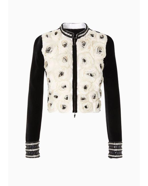 Giorgio Armani Black Short Velvet Jacket With Embroidered Roses