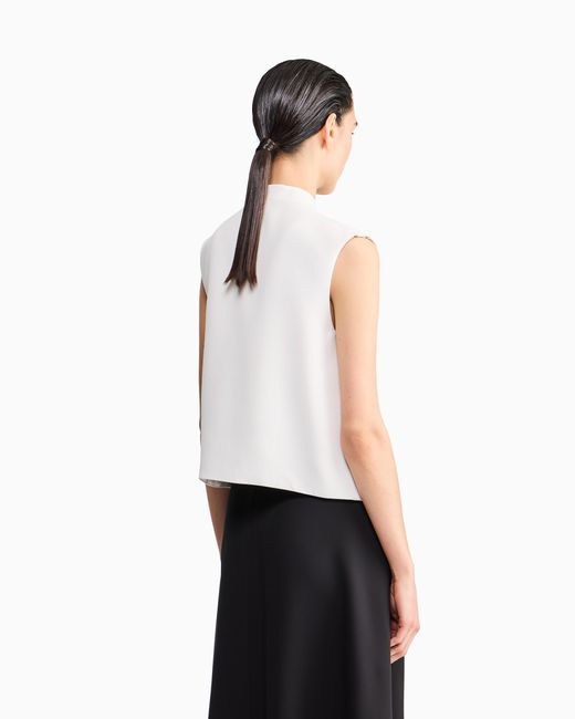 Giorgio Armani White Shirt Sleeveless Mandarin Collar Silk Cady Detachable Brooch