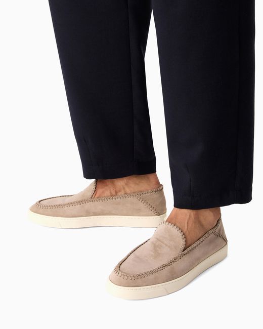 Giorgio Armani White Suede Slip On With Threading And Rubber Sole for men