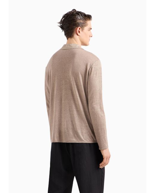 Giorgio Armani Natural Long-sleeved Polo Shirt In Pure Linen Jersey for men