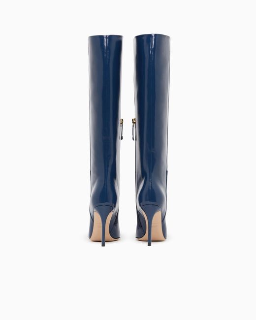 Giorgio Armani Blue High Boots With Patent Leather Heel
