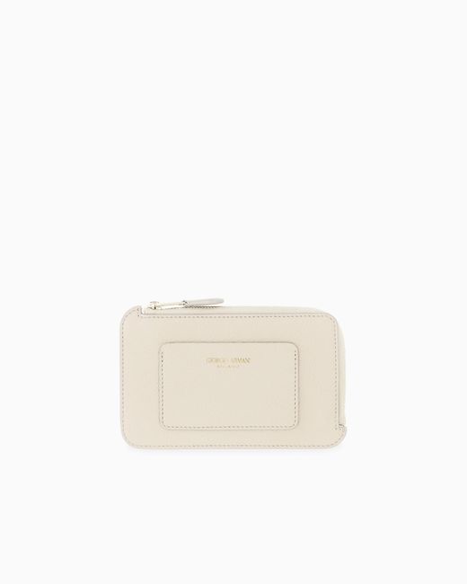 Giorgio Armani White Half Zip-Around Granulated Leather Wallet With Logo Pocket