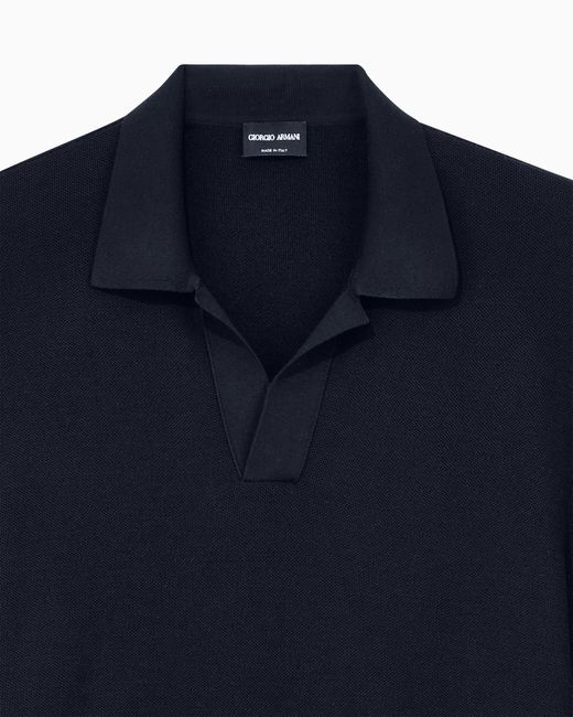 Giorgio Armani Blue Knit Polo Regular Fit Honeycomb Stitch Virgin Wool for men