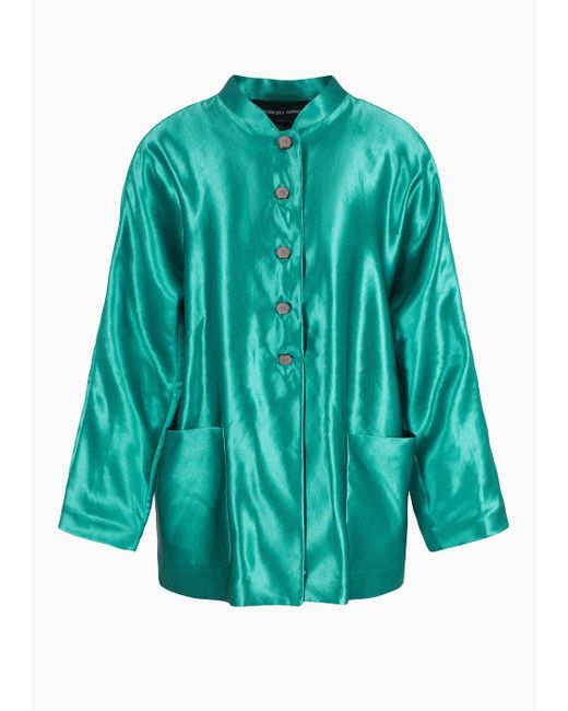 Giorgio Armani Blue Pea Jacket In Silk And Linen